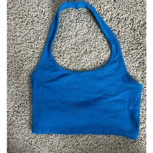 PAC cares PacSun knit Cropped Halter top XS Royal blue Twisted Back 95% Cotton